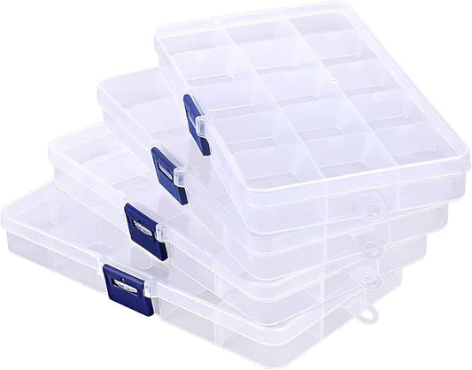 Rhinestone Organizer for Nails, 4PCS Cosics 15-Grid Clear Plastic Acrylic Nail Organizers & Storage Case with Movable Dividers, Empty Jewelry Nail Art Storage Containers Holder, Beading Box with Lids