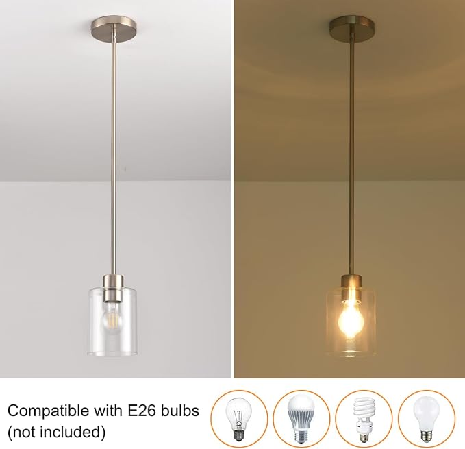 Brushed Nickel Pendant Lights,Modern Farmhouse Pendant Light,Light Fixture Kitchen Pendant Mini Hanging Light for Sink Island,Adjustable Height,Home Décor Lighting (Brushed Nickel 2 pack Stem Rod) - Image 9