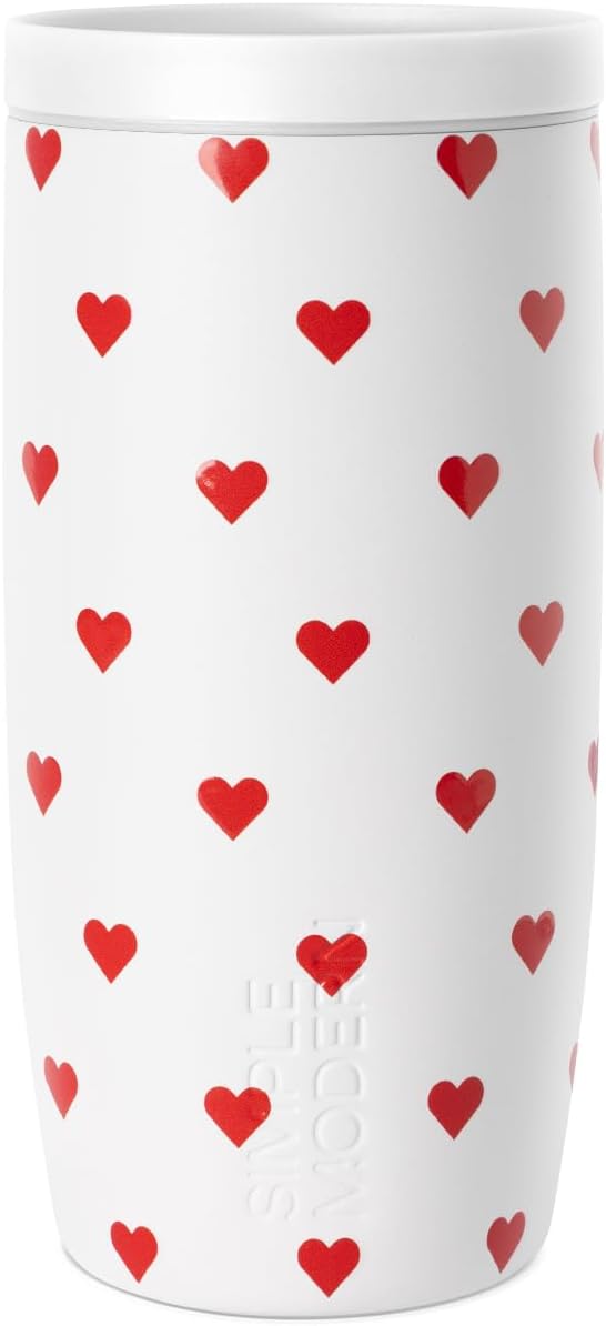 Simple Modern Insulated Travel Coffee Mug 360° Lid | 16oz | Hearts | Voyager Ceramic-Lined Insulated Stainless Steel Coffee Tumbler Iced Coffee Cup, Mug with Lid | Fits Cupholder, Crimson Hearts by Unknown