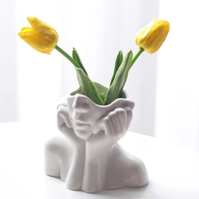 Ceramic Face Vase - Cute Half-Body Female Head Planter for Flowers, Modern Farmhouse Decor - Perfect for Desk, Table & Bookshelf, Home Accent by Romehaha