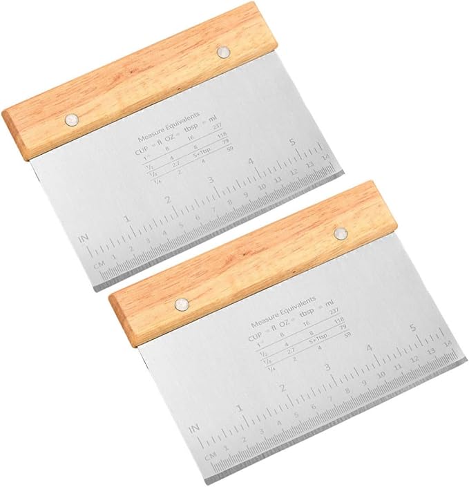 Cabilock 2pcs Stainless Steel and Wood Dough Cutter Tool with Comfortable Handle and Measuring Scale, Multipurpose Dough Scraper for Baking, Cake, and Pizza Preparation by Cabilock
