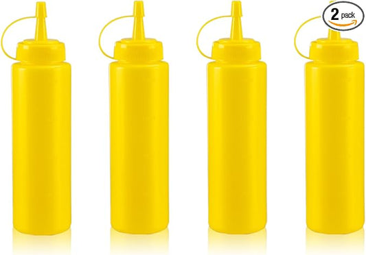 Squeeze Bottles for Sauces,Leak-Proof Condiment Dispenser, BPA-Free Kitchen Restaurant Squeeze Bottle Set with Wide Mouth for Ketchup, Mustard,Syrup,Dressings (Yellow, 4Pack-8oz(200ml))