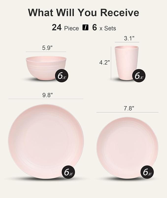 Quatish 24 Piece Plates and Bowls Sets for 6, Unbreakable Dinnerware Sets, Plastic Dish Set for Camping, Dishwasher Microwave Safe, Outdoor Kitchen and Apartment Dorm Dinning RV Essentials, Pink - Image 2