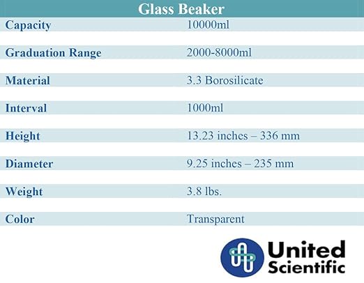 United Scientific™ Large Glass Beaker, 10,000ml, Autoclavable, 1 Each | 3.3 Borosilicate Glass, Thermal Shock Resistant, Molded Pour Spout, Griffin Low Form Science Beaker, ASTM-E960 Compliant - Image 9
