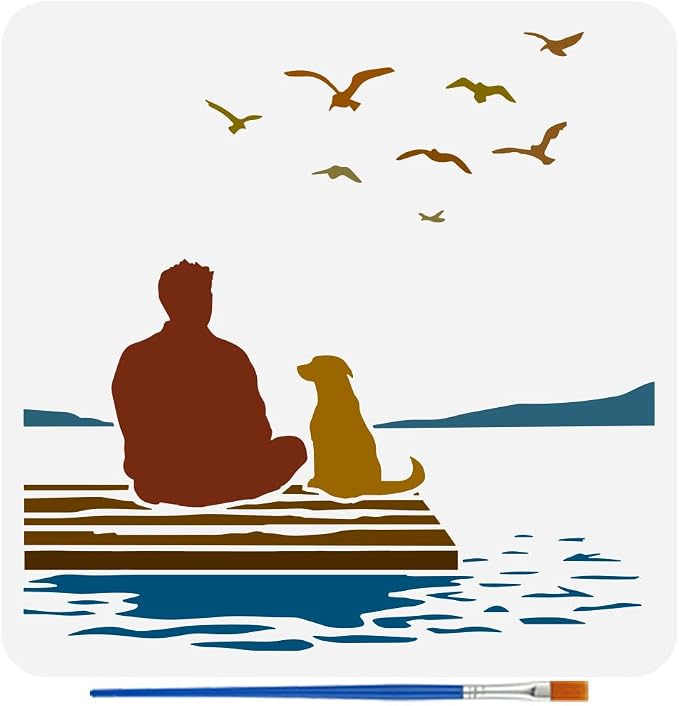 FINGERINSPIRE People and Dogs Stencil with 1Pc Plastic Paint Brush 11.8x11.8inch Reusable Shore Scenery Template Flying Birds Stencil Human Dog Pattern Template for DIY Art Craft Home Wall Decor by FINGERINSPIRE