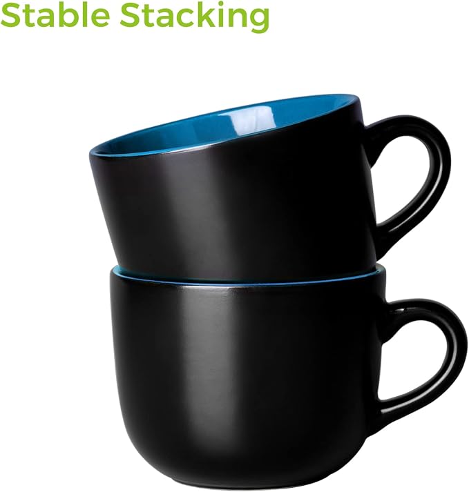 GBhome Jumbo Soup Mugs with Handles, 24 Oz Large Coffee Mugs Set of 4 | Ceramic Soup bowls for Soup Cereal Snacks Salad Noodles Cups, Microwave safe - Matte Black, Blue Inside - Image 8
