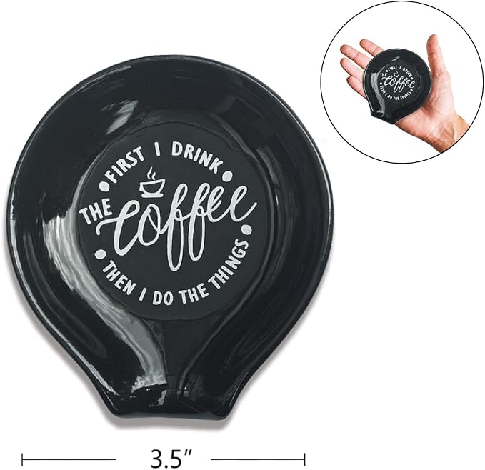 Littlefa Black Coffee Spoon Rest Holder-Coffee Bar Accessories | Funny Ceramic Coffee Spoon Rest for Coffee Bar Accessories Essentials, Coffee Lovers Gifts, But First I Drink Sign - Image 2