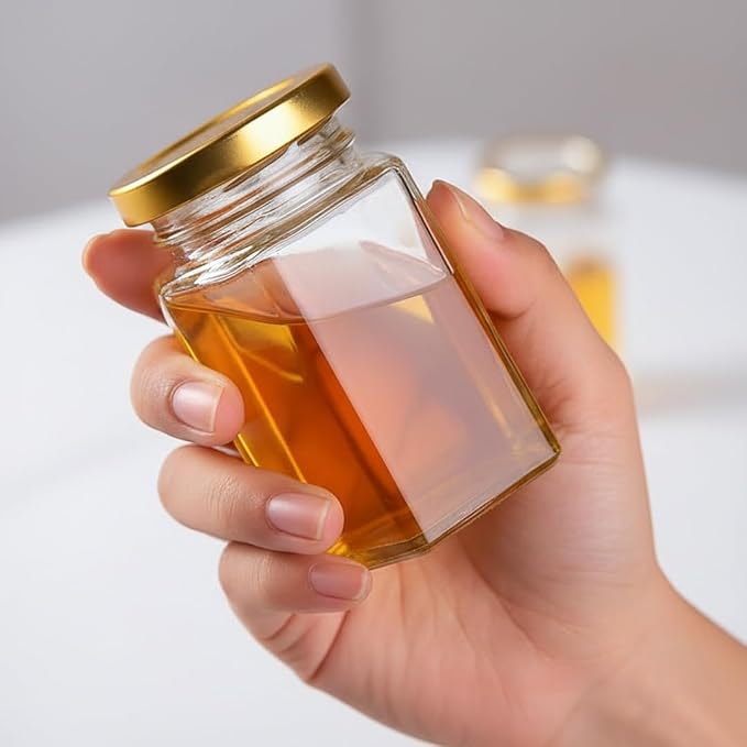 Adabocute 4oz Hexagonal Honey Jars - Glass Honey Jars with Gold Lids, Wooden Dippers, Bee Charms and Jutes - Hexagon Jars for Baby Shower, Wedding and Party Favors, 12 Pack - Image 3