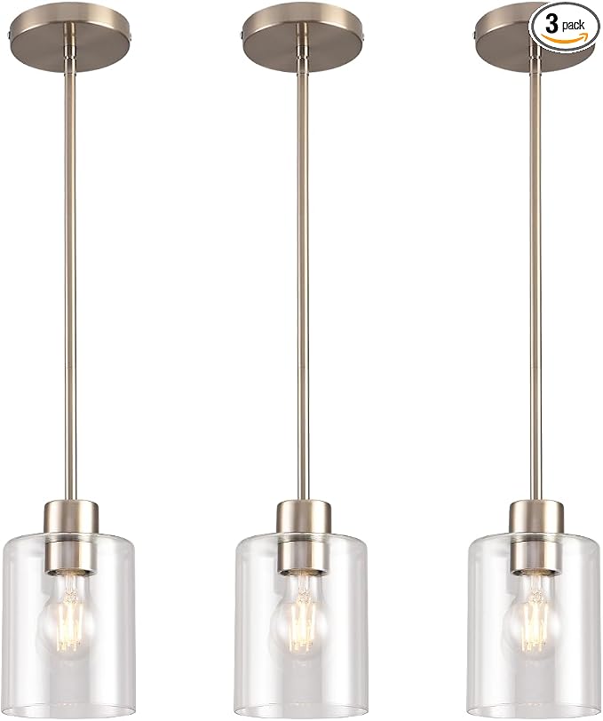 Brushed Nickel Pendant Lights Kitchen Island - Clear Glass Pendant Light Fixture Multiple Stems Rods 3 Units 12 Inch 3 Units 4 Inch (3 Pack Brushed Nickel) by KLSSLighting