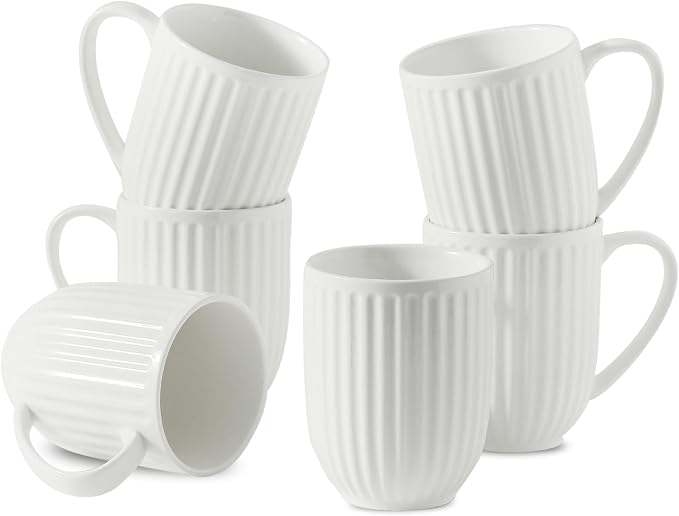 HASENSE Ceramic Coffee Mugs Set of 6, 16 Oz Large Ribbed Coffee Cups with Big Handle, Unique Modern Style White Latte Mugs for Tea,Cocoa,Milk,Cappuccino, Microwave & Dishwasher Safe by Hasense