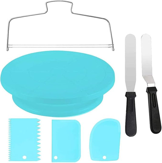 Cake Decorating Turntable,Cake Decorating Supplies with Decorating Comb/Icing Smoother(3pcs),2 Icing Spatula with Sided & Angled … (Blue 11 In)