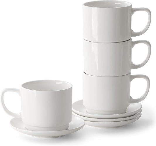 DOWAN 12oz Coffee Mugs, Cappuccino Cup and Saucer Set of 4, White Ceramic Coffee Cups for Latte/Tea/Milk, Tea Cups for Use in Office, Home and Cafes, Microwave Safe by DOWAN