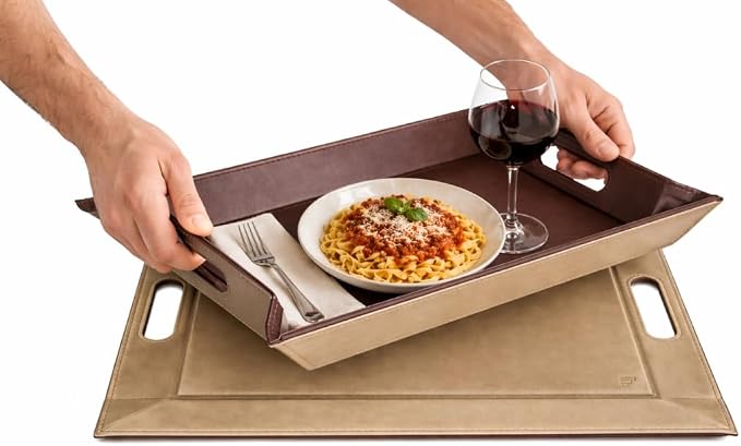 2-in-1 Serving Tray & Placemat | Faux Leather & Reversible | Lays Flat as a Placemat or Folds into an Ottoman Food Tray, Easy to Clean by FREEFORM