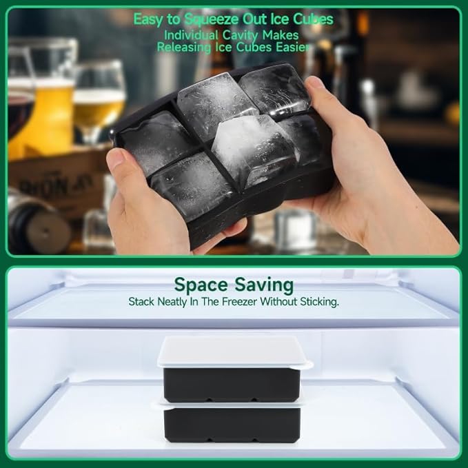 Silicone Ice Cube Tray, Easy Release Flexible Ice Cube Tray with Removable Lid, 24 Ice Cub Per Tray for Whiskey, Freezer, Cocktail, Reusable & BPA Free (6 Square*2)