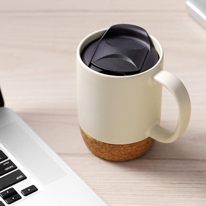 DOWAN Coffee Mugs Set of 2, 15 OZ Ceramic Mug with Cork Bottom and Splash Proof Lid, Large Coffee Cup with Handle for Tea Latte, Beige - Image 7