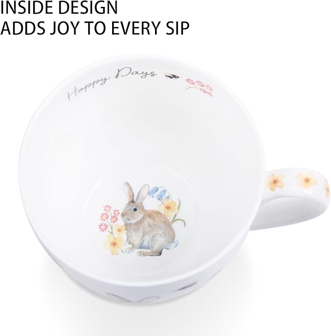 20 oz Bunny Coffee Mug with Spring Flowers & Happy Days Slogan, Premium Bone China Rabbit Coffee Cup, Cute Garden Gift for Women, Family&Friends, Designed in England by Harvest Green Studio - Image 6