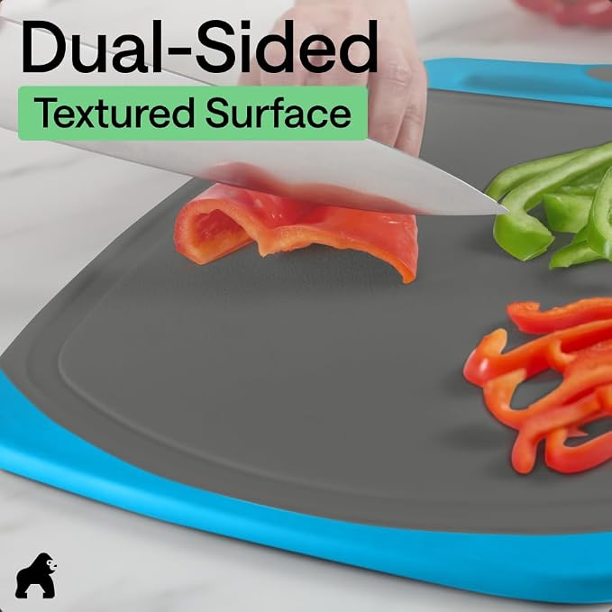 GORILLA GRIP BPA-Free Reversible Kitchen Cutting Board Set of 3, US Designed, Nonporous, Juice Grooves Catch Liquid, Slip Resistant Border, Dishwasher Safe, Durable Food Chopping Boards, Gray Aqua - Image 6