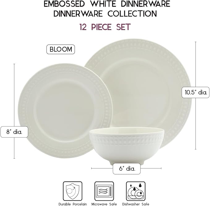 Tabletops Gallery Embossed White Porcelain Round Dinnerware - Bloom 12 Piece Dinnerware Set - Image 5
