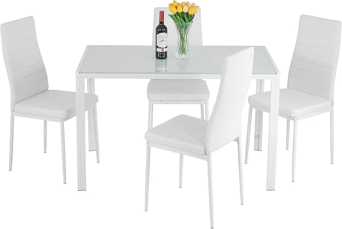 FDW | 5-Piece Dining Table Set | White | Glass Kitchen Table with 4 Upholstered Chairs and Faux Leather Cushions | Space-Saving and Modern Design | for Dining Room, Easy to Assemble by FDW