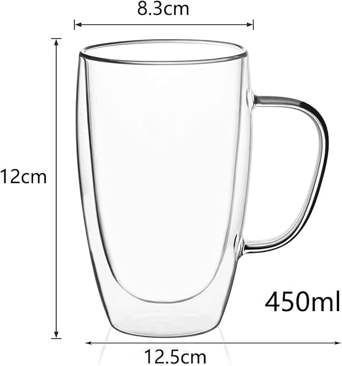 Double Wall Glass Coffee Mugs with Handle, Clear Coffee Mugs Set of 1 (15 oz / 450 ml), Tea/Coffee/Latte/Cappucino/Cafe/Milk, or other Hot Beverage mugs. (450ml)