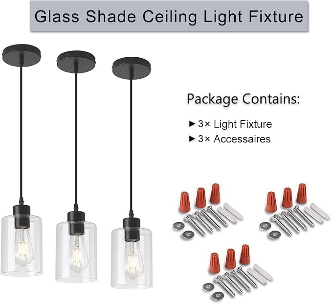 Modern Black Farmhouse Clear Glass Cylinder Pendant Light Fixture,Mini Pendant Lighting for Kitchen Island Decor - 4.75 Inch Shade, 2-58 Inch Cord (Black 3 Pack) - Image 5