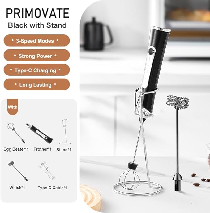 Rechargable Milk Frother, Handheld Drink Mixer with Whisk Attachment, 2025 upgraded powerfull 3 speed motor, Type C charging with charge light, with extra egg mix head (White without Stand)