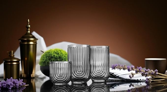 Glaver's 8 Piece Smoke Glassware Set, Art Deco Black Drinking Glasses, Ribbed U-Shape Design, 4 Highball 17oz and 4 Whiskey 11oz DOF Arch Drinkware - Image 5