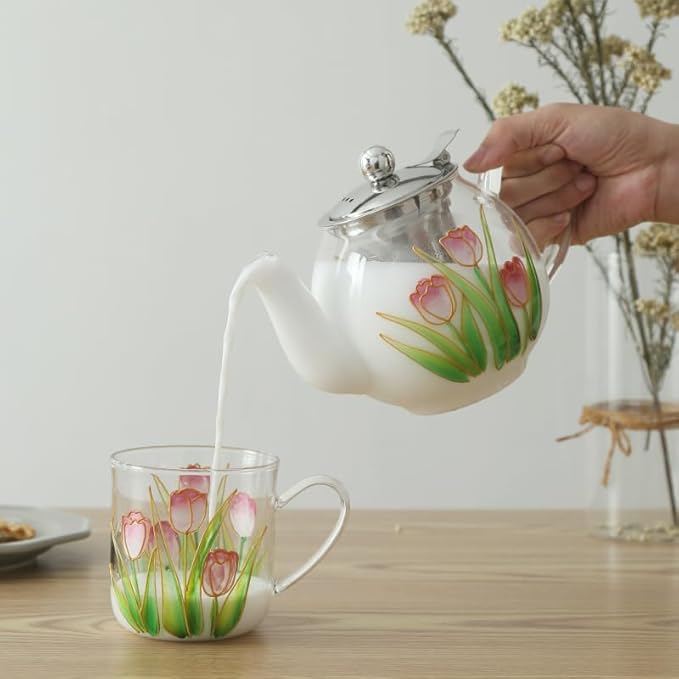 12oz/350ml Hand Painted Glass Cups With Handle,Clear Glass Coffee Cups,Coffee Glasses For Hot Beverages,Clear Mugs (Tulip)