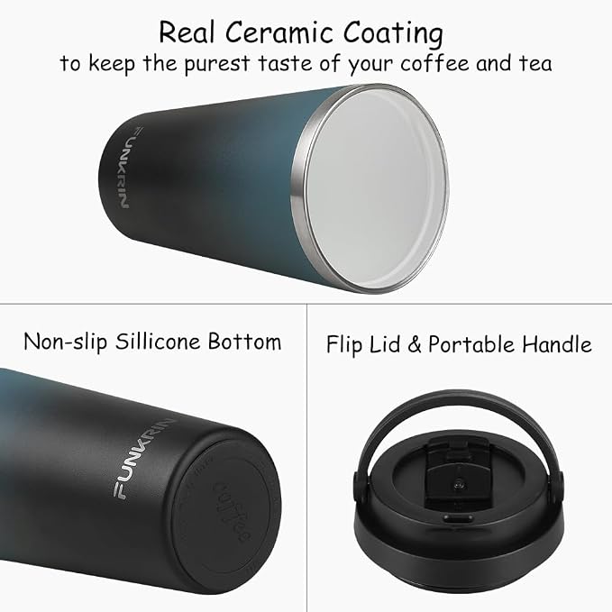 Funkrin Insulated Coffee Mug with Ceramic Coating, 16oz Iced Coffee Tumbler Cup with Flip Lid and Handle, Double Wall Vacuum Leak-Proof Travel Mug for Office School Party Camping - Image 2