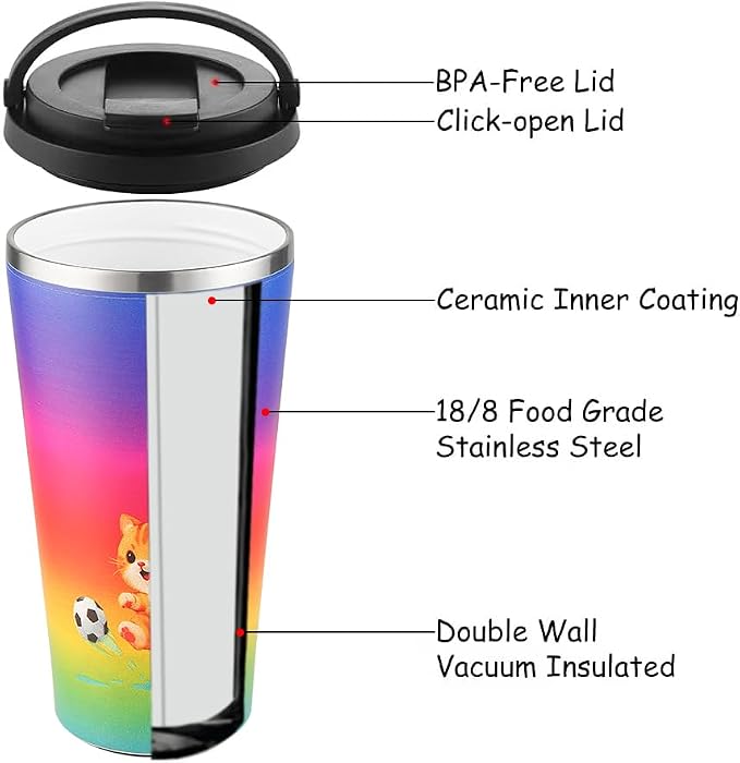 Funkrin Insulated Coffee Mug with Ceramic Coating, 16oz Iced Coffee Tumbler Cup with Flip Lid and Handle, Double Wall Vacuum Leak-Proof Travel Mug for Office School Party Camping - Image 3