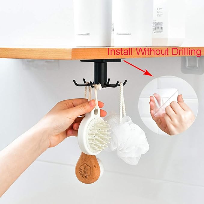 2pcs Under Cabinet Kitchen Utensil Hooks,360° Rotating Drilling Free Adhesive Utensils Hanging Rack for Tools/Towel/Knife (Black) - Image 3