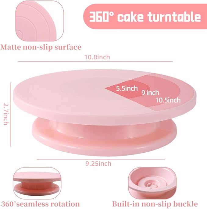 Pink Cake Decorating Supplies, spring baking kit pastel pink cake turntable kit with 10 Piping Tips, 50 Piping Bags, 2 Spatulas,3 Icing Scrapers,Pink baking supplies for girly cake decorating