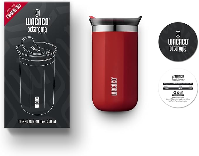 WACACO Octaroma Lungo Vacuum Insulated Coffee Mug, Double-wall Stainless Steel Travel Tumbler With Drinking Lid, 10 fl oz(300ml)， Carmine Red - Image 8