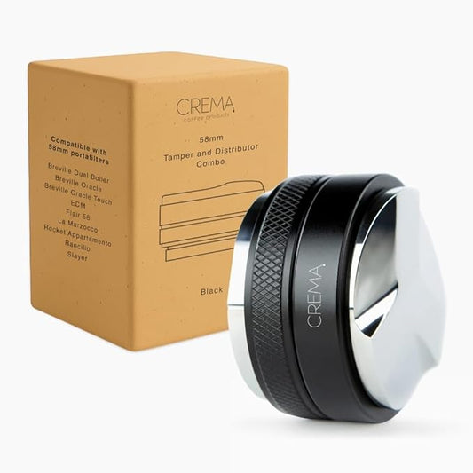CREMA Coffee Products 59mm Hand Tamper & Distributor | Compatible with Breville Portafilters | Double-Sided, Adjustable Depth Tool | Made with Durable 304 Stainless Steel | Black