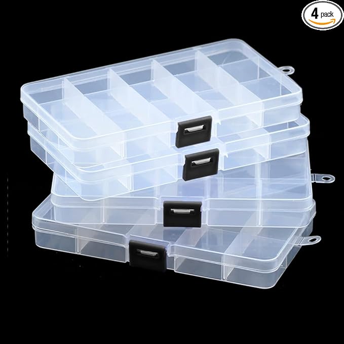 4 Pcs 15 Grids Clear Organizer Box Plastic Storage Container with Adjustable Dividers for Electronics Jewelry Beads Art DIY Crafts Fishing Small Parts