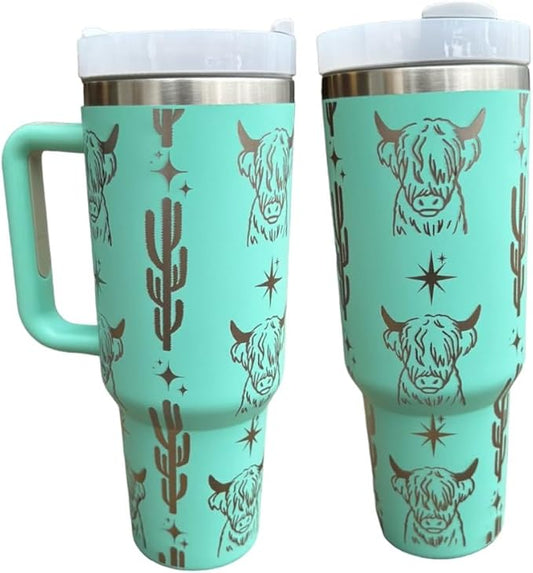 Western Engraved 40oz Tumbler, Tumbler with handle, Cowgirl Tumbler, Country Mug with Handle (Mint-Highland cow(R))