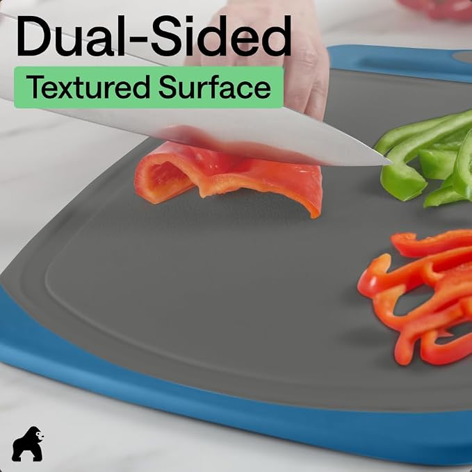 GORILLA GRIP BPA-Free Reversible Kitchen Cutting Board Set of 3, US Designed, Nonporous, Juice Grooves Catch Liquid, Slip Resistant Border, Dishwasher Safe, Durable Food Chopping Boards, Gray Blue - Image 6