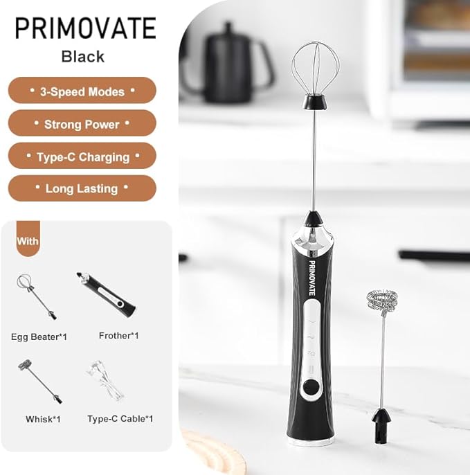 Rechargable Milk Frother, Handheld Drink Mixer with Whisk Attachment, 2025 upgraded powerfull 3 speed motor, Type C charging with charge light, with extra egg mix head (White with Stand)