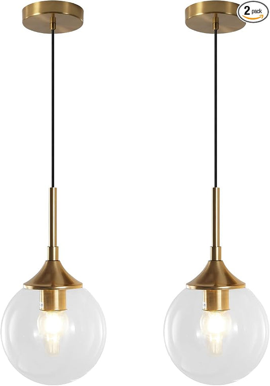 KCO Lighting Brushed Gold Kitchen Pendant Light 7” Modern Clear Glass Globe Pendant Light Brass Dining Room Light Fixture Mid Century Entryway Hanging Light Fixture (2 Pack) by KCOLighting