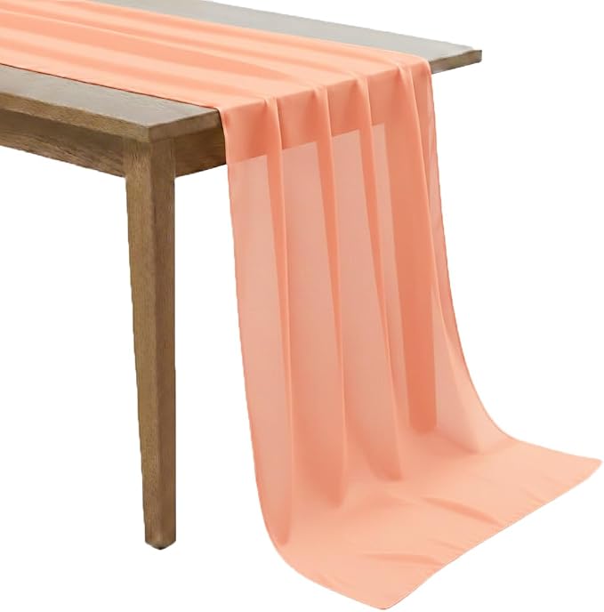 Pack of 12 | Peach | 14ft Chiffon Table Runner 29x170 Inches Long Romantic Rustic Sheer Gauze Runner for Wedding Bridal Shower Birthday Banquets Engagement Spring Easter Boho Decorations by MDS
