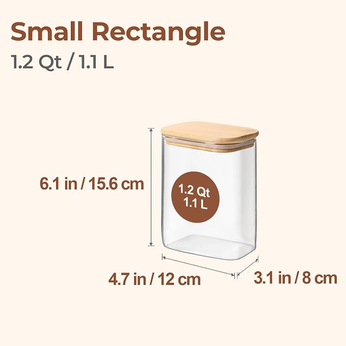 ComSaf Glass Storage Containers wtih Lids 1.2 Qt, Set of 4 Food Storage Jar | Glass Pantry Storage Containers, Rectangle Kitchen Canisters, Bamboo Lid with Silicone Seal, Cereal, Flour, 37oz, BPA Free - Image 2
