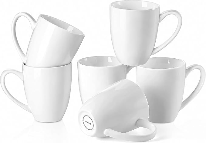 White Porcelain Coffee Mugs Set of 6, 13 Ounce Coffee Cups with Handle, Ceramic Tea Mugs for Latte, Hot Tea, Cappuccino, Mocha, Cocoa, Mug Gift Set, Dishwasher and Microwave Safe by Unknown