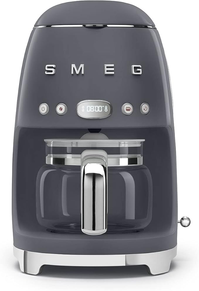 Smeg 50's Retro Style Aesthetic Drip Coffee Machine with 10 Cup Glass Carafe, Auto Start Feature, Keep Warm Plate, and Two Coffee Strength Settings (Grey) by Unknown