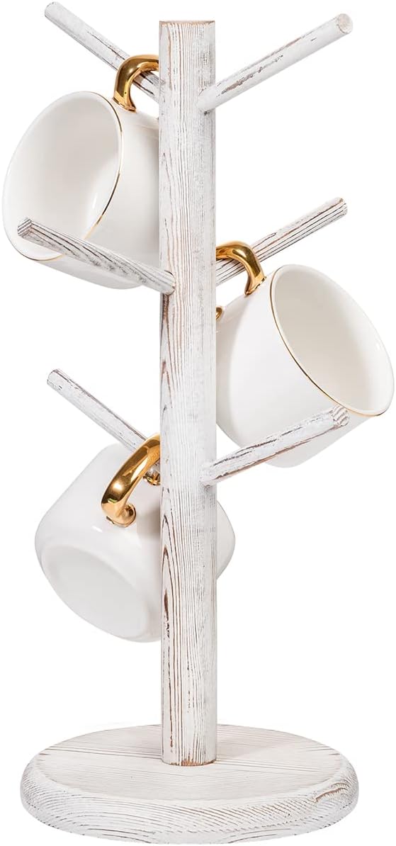 Dorhors Mug Holder Tree,Coffee Cup Holder,Mug Rack Stand Hook,Bar Organizer | Rustic White Wood Coffee Station Accessories 6 Hook,Coffee Shelf Decor for Kitchen Countertop,Counter Storage Display Mug,Cup by Dorhors