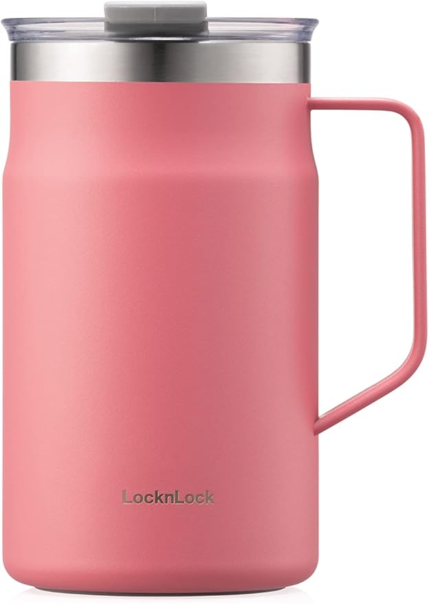 LocknLock Metro Mug Premium 18/8 Stainless Steel Double Wall Insulated with Handle Perfect for table with Lid, Peach Red, 20 oz by LocknLock