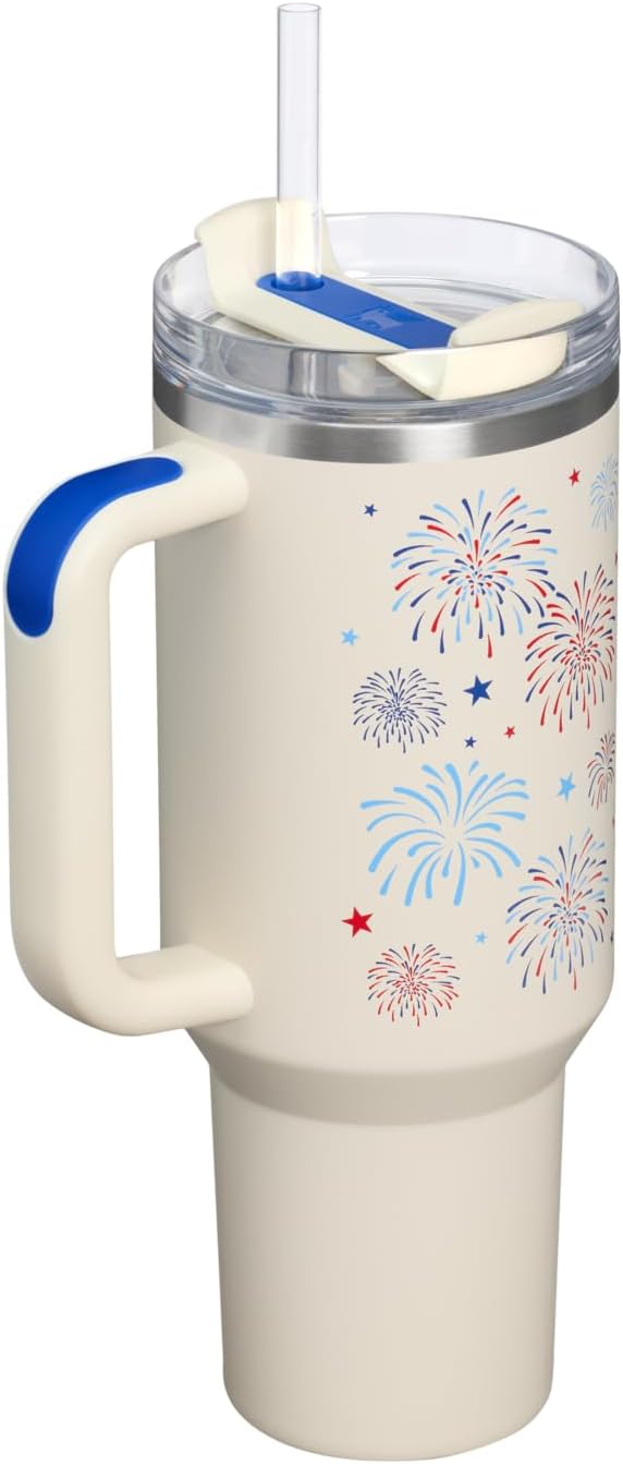 STANLEY Quencher H2.0 Flow State Tumbler, 40 oz, Cream Royal Fireworks | Handle and Straw | 3-Position Lid | Cup Holder Compatible for Travel | Insulated Stainless Steel Cup | BPA-Free - Image 3