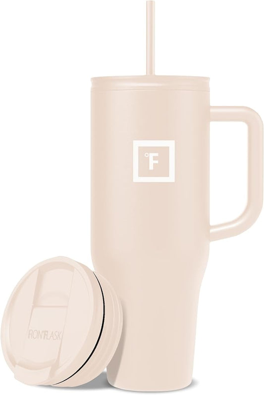 IRON °FLASK 40 oz Co-Pilot Insulated Travel Mug | Insulated Travel Mug with Straw & Flip Cap Lids - Cup Holder Fit, Leakproof, BPA Free (Sand) by IronFlask