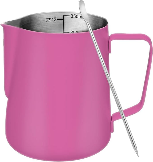 Amrules Milk Frothing Pitcher, 12 oz Milk Frother Cup with Clear Scale, 304 Stainless Steel Cappuccino Espresso Machine Accessories for Barista Coffee Bar with Latte Art Pen, Rose Red by Amrules