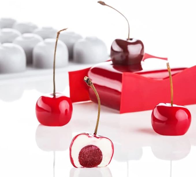3D Cherry Silicone Molds for Baking Mousse Cake,Brownie, French Dessert Mold for Pastry Cake Decoration(12-Cavity)