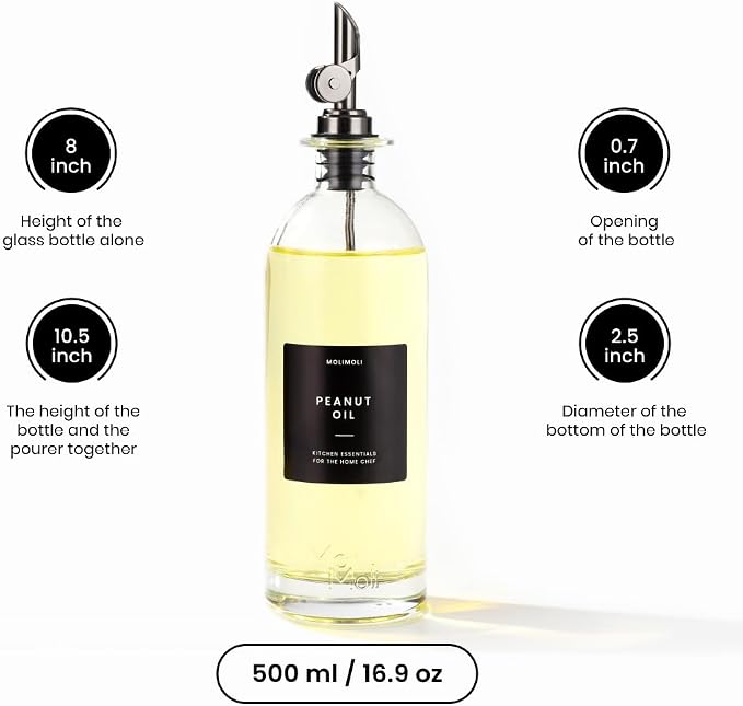 Molimoli Oil and Vinegar Dispenser with Metal Pour Spout, Weighted Pourer, Glass Bottle Dispenser for Kitchen, Olive Oil Cruet, Glass Olive Oil Bottle | 500ml, Set of 2 - Image 2